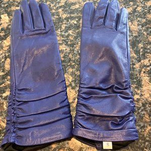 Long Blue Ruched Blue Leather Gloves size small